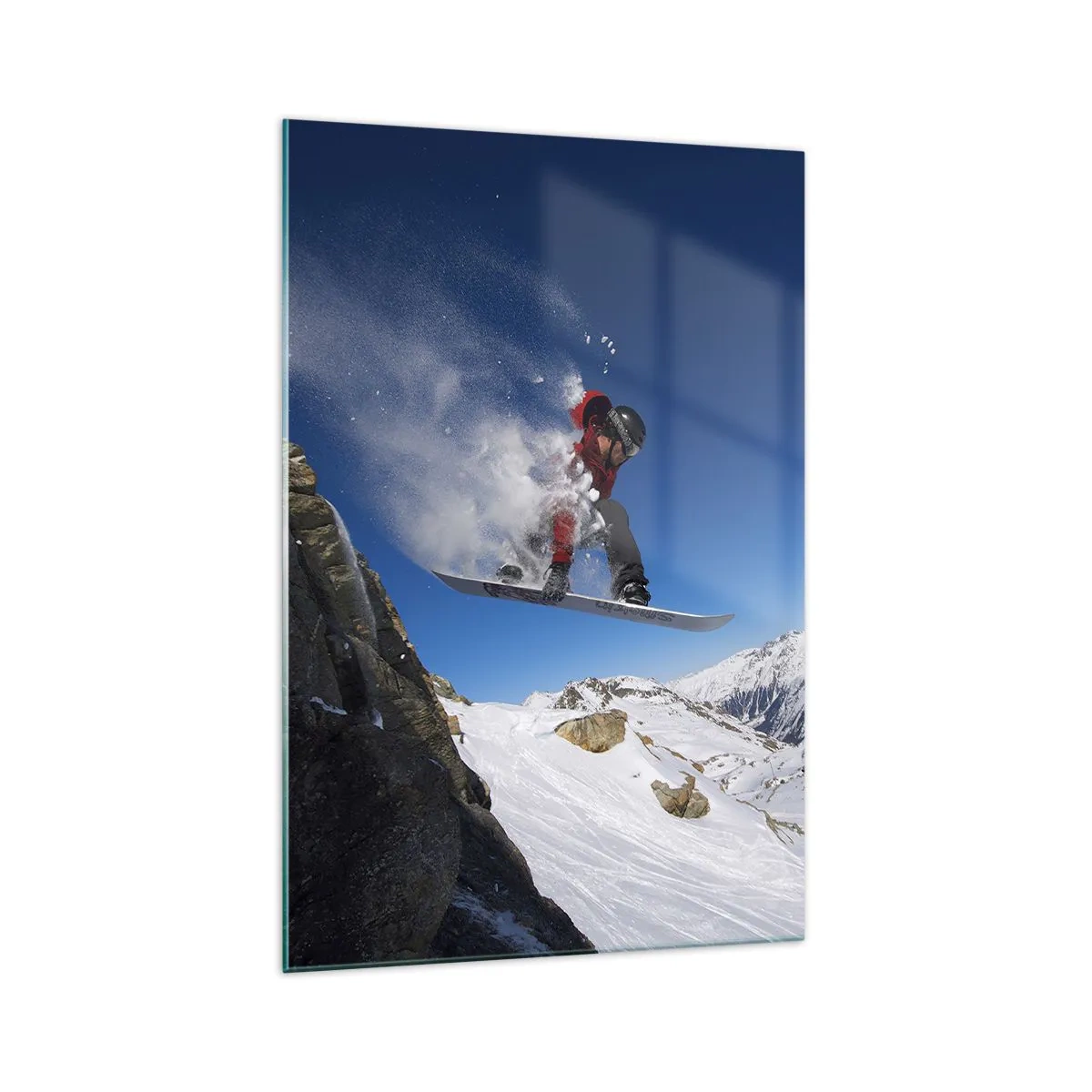 Quadro su vetro - Uno snowboarder salta da una roccia contro un paesaggio montano - 70x100cm - E diventi parte del panorama - Decorazione murale moderna per soggiorno e camera da letto ARTTOR