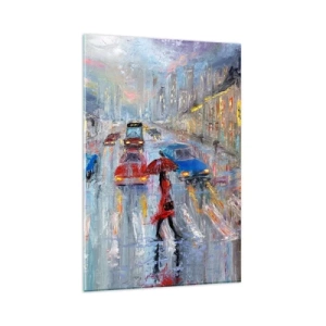 Quadro su vetro - Una donna con un ombrello in una strada piovosa, illuminata dalle luci al neon. - 80x120cm - Pomeriggio di pioggia in città - Decorazione murale moderna per soggiorno e camera da letto ARTTOR