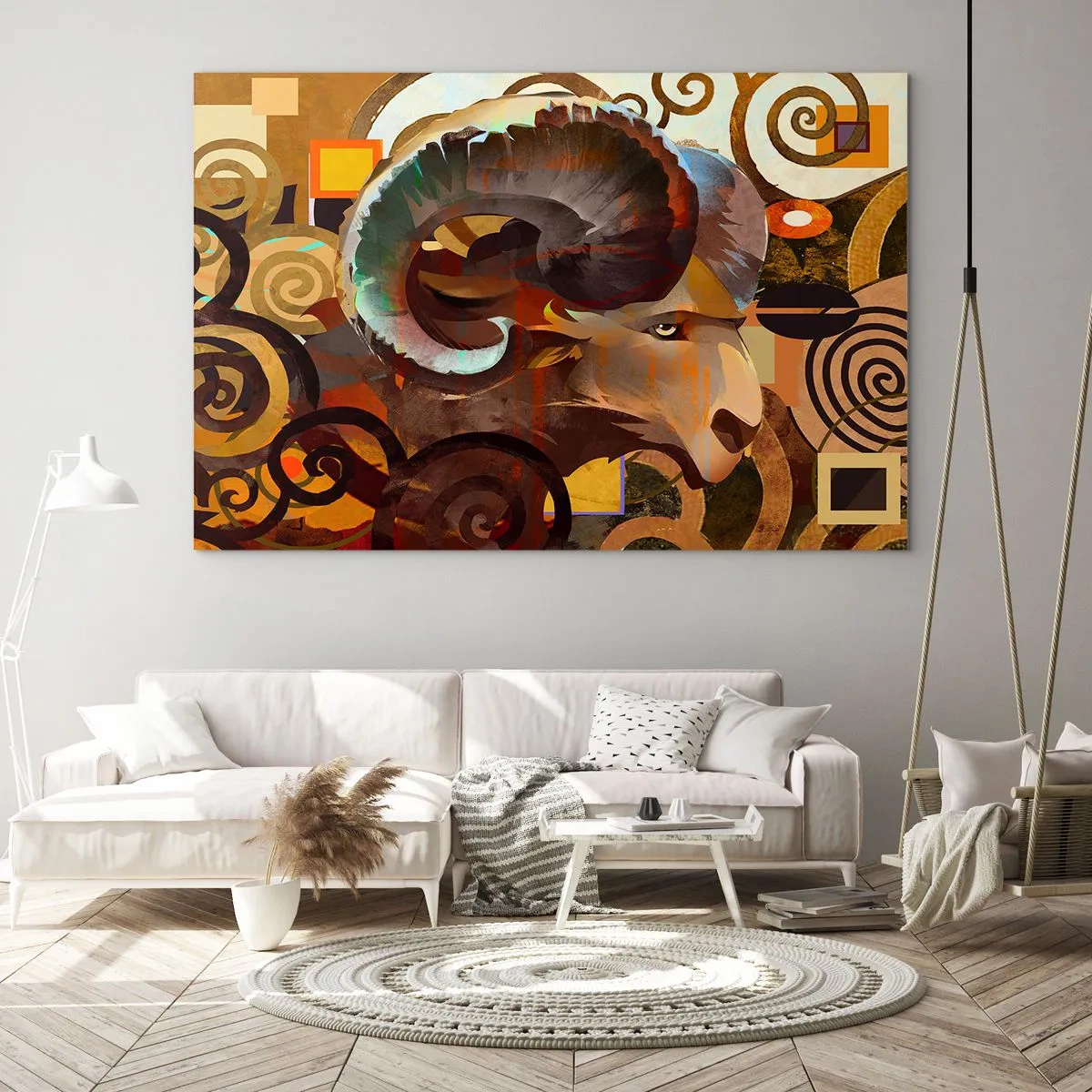 Quadro su vetro - Un'immagine artistica di un ariete in una composizione geometrica e a spirale. - 120x80cm - Magie - religioni - riti - Decorazione murale moderna per soggiorno e camera da letto ARTTOR
