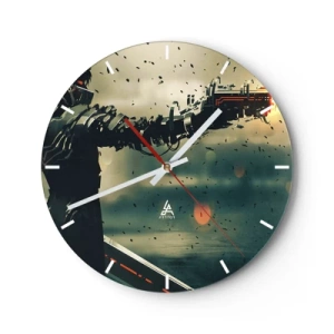 Orologio da parete - Orologio in Vetro - Un personaggio futuristico con un'arma cibernetica in un'ambientazione dinamica. - 30x30cm - L'arma assassina: il tuo Terminator - Decorazione murale moderna per soggiorno, cucina e camera da letto ARTTOR