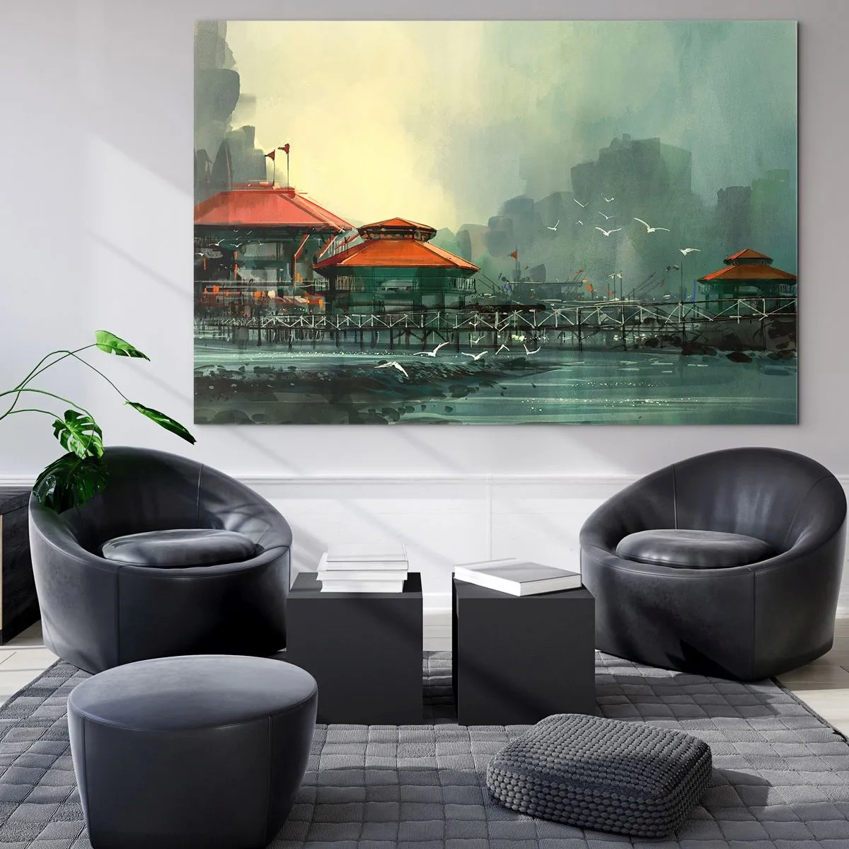 Quadro su vetro - Edifici portuali con tetti rossi contro la nebbia - 100x70cm - Giornata di pioggia al porto - Decorazione murale moderna per soggiorno e camera da letto ARTTOR