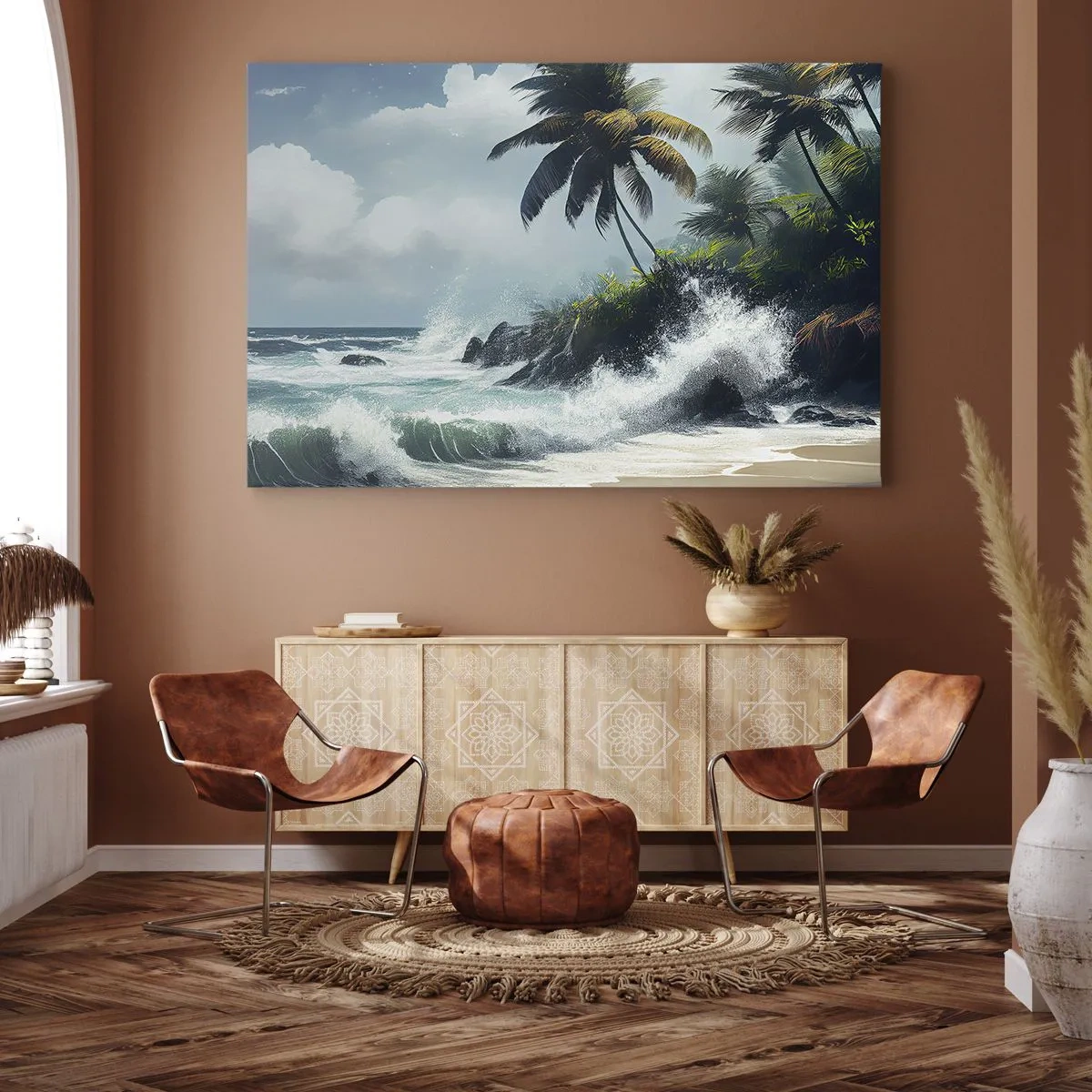 Quadro su tela - Stampe su Tela - Costa tropicale con palme e mare agitato - 120x80cm - Sulla riva tropicale - Decorazione murale moderna per soggiorno e camera da letto ARTTOR