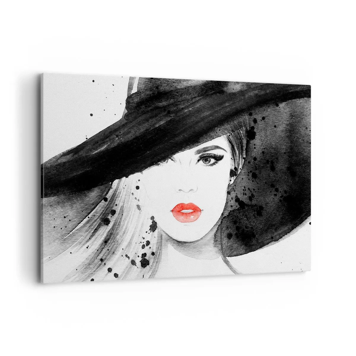 Quadro su tela - Stampe su Tela - Ritratto di una donna con un cappello e labbra rosse - 120x80cm - Donna in nero - Decorazione murale moderna per soggiorno e camera da letto ARTTOR