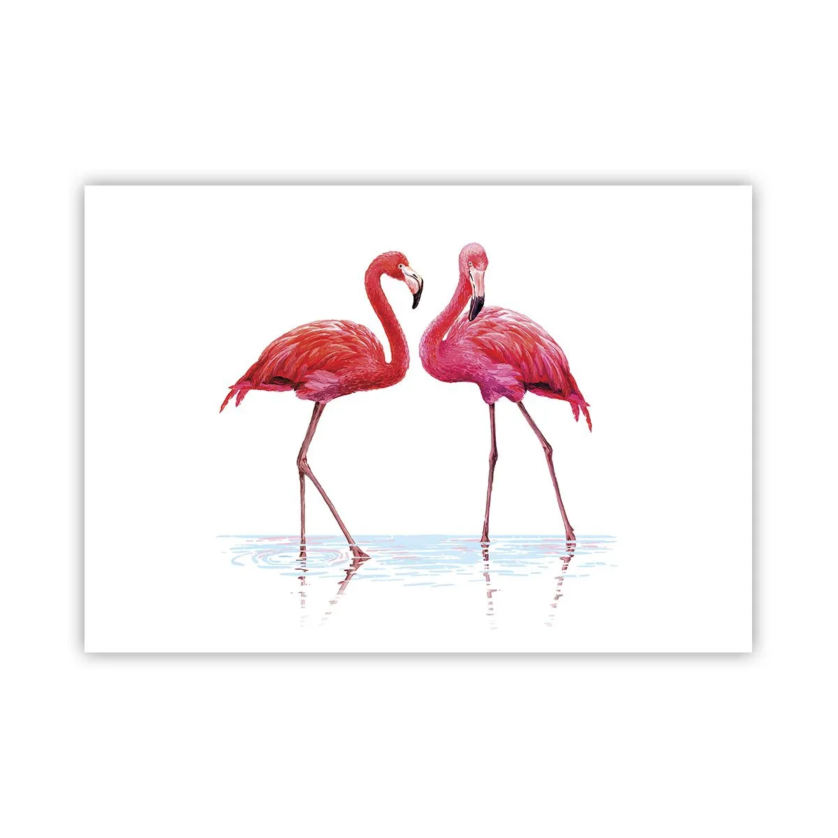 Poster - Una coppia di fenicotteri nell'acqua su uno sfondo chiaro - 100x70cm - Appuntamento in rosa - Decorazione murale moderna per soggiorno e camera da letto ARTTOR
