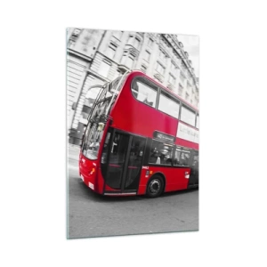 Quadro su vetro - Un autobus rosso in movimento sullo sfondo delle strade di Londra - 50x70cm - Londra tradizionalmente: by bus - Decorazione murale moderna per soggiorno e camera da letto ARTTOR