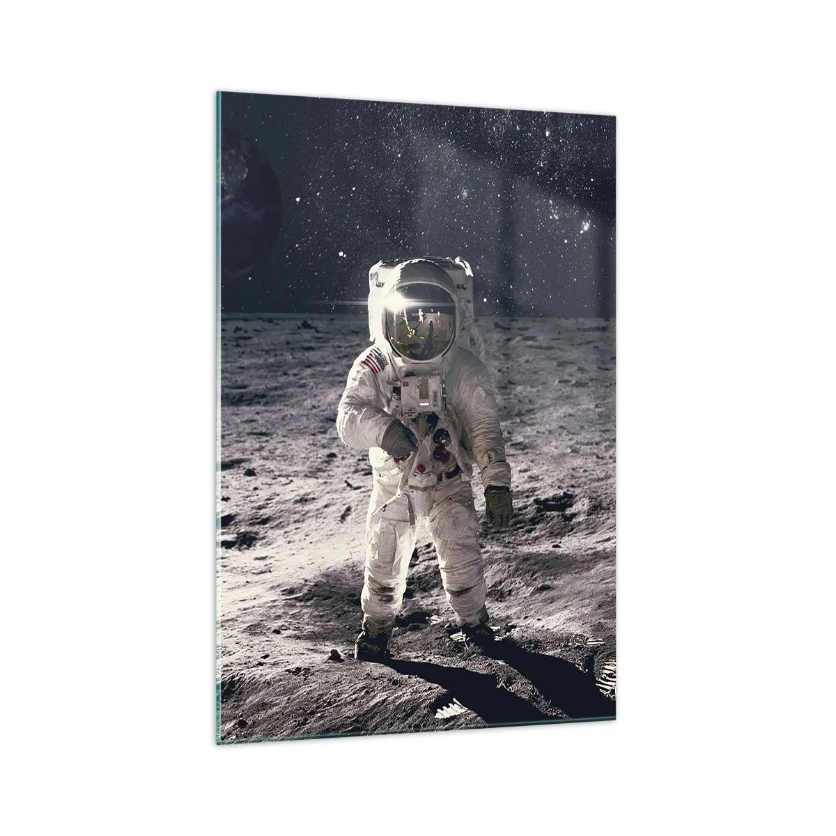 Quadro su vetro - Astronauta sulla superficie della Luna con la Terra sullo sfondo - 70x100cm - Saluti dalla luna - Decorazione murale moderna per soggiorno e camera da letto ARTTOR