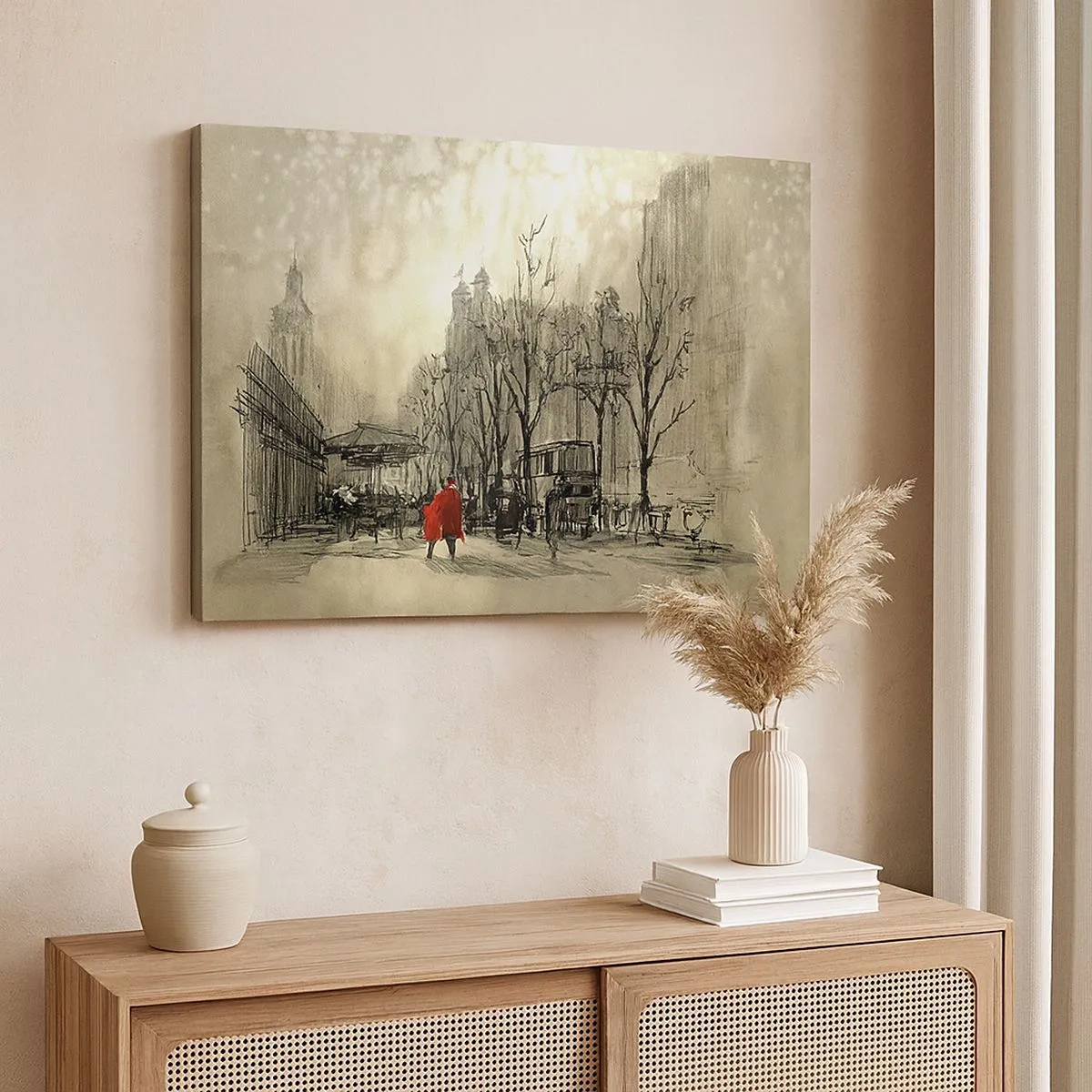 Quadro su tela - Stampe su Tela - Una figura rossa in un nostalgico contesto urbano - 70x50cm - Appuntamento nella nebbia di Londra  - Decorazione murale moderna per soggiorno e camera da letto ARTTOR