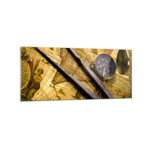 Quadro su vetro - Una mappa del mondo antica con una bussola e un paio di bussole sullo sfondo - 120x50cm - Dove sono questi tesori? - Decorazione murale moderna per soggiorno e camera da letto ARTTOR