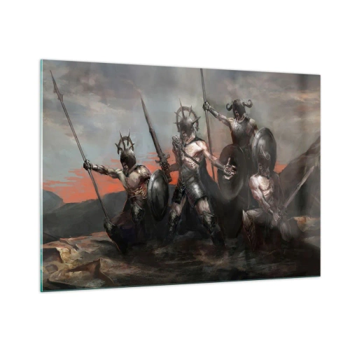 Quadro su vetro - Guerrieri con lance e scudi contro il cielo rosso - 100x70cm - Con lo scudo o sullo scudo - Decorazione murale moderna per soggiorno e camera da letto ARTTOR