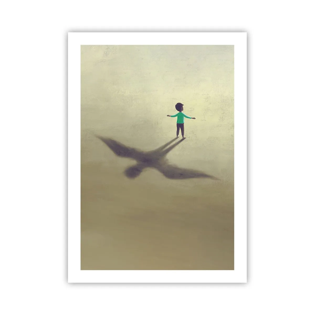 Poster - Un bambino con l'ombra di un uccello contro un cielo pastello - 50x70cm - Eroe del futuro - Decorazione murale moderna per soggiorno e camera da letto ARTTOR