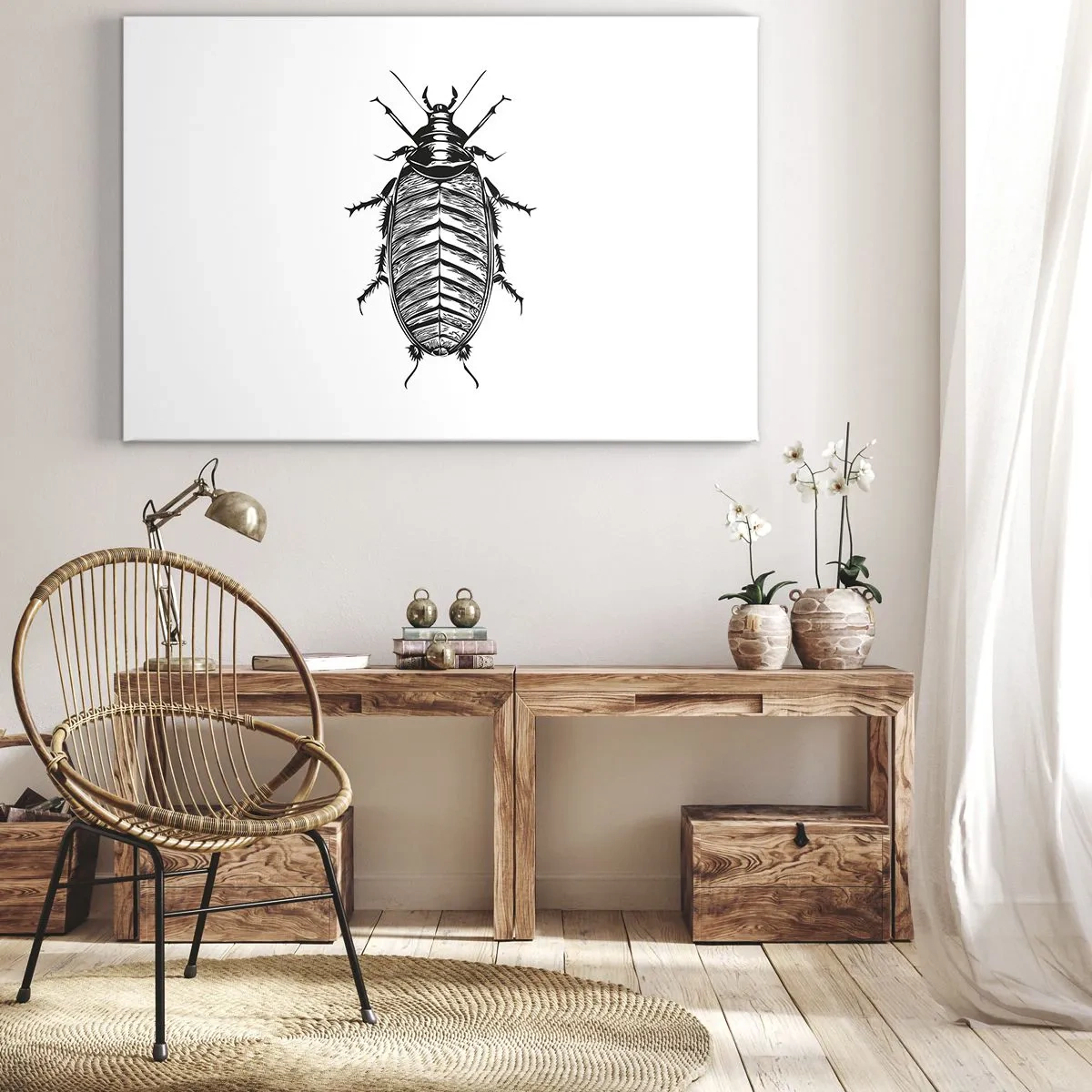 Quadro su tela - Stampe su Tela - Grafica di un insetto bianco e nero su sfondo bianco - 100x70cm - Che esemplare! - Decorazione murale moderna per soggiorno e camera da letto ARTTOR