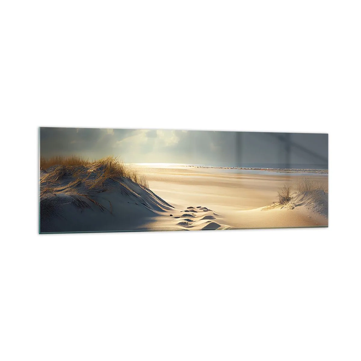Quadro su vetro - Dune dorate sulla spiaggia al tramonto con vista sul mare - 160x50cm - Paesaggio rilassante - Decorazione murale moderna per soggiorno e camera da letto ARTTOR