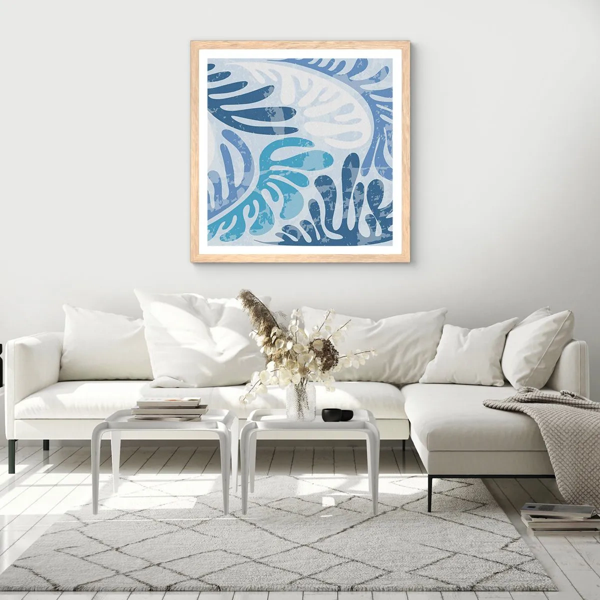 Poster in cornice rovere chiaro - Felci blu - 30x30 cm