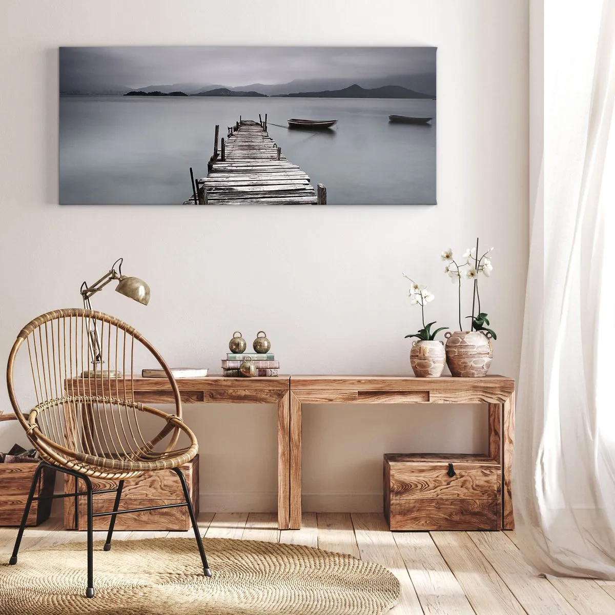 Quadro su tela - Stampe su Tela - Un ponte di legno che conduce alla superficie calma del lago - 120x50cm - Domani puoi partire - Decorazione murale moderna per soggiorno e camera da letto ARTTOR