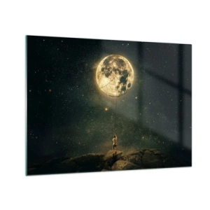 Quadro su vetro - Una figura su una roccia che tiene in mano la luna, intrappolata con una corda. - 70x50cm - Chi ha rubato la luna - Decorazione murale moderna per soggiorno e camera da letto ARTTOR