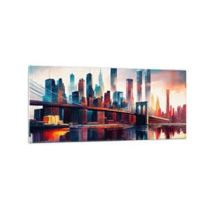 Quadro su vetro - Panorama di New York City con ponte e riflesso nell'acqua - 120x50cm - Una New York spettacolare - Decorazione murale moderna per soggiorno e camera da letto ARTTOR