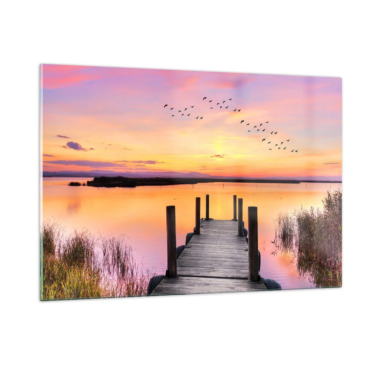 Quadro su vetro - Molo sul lago al tramonto con uccelli nel cielo - 120x80cm - Alba viola e silenziosa - Decorazione murale moderna per soggiorno e camera da letto ARTTOR