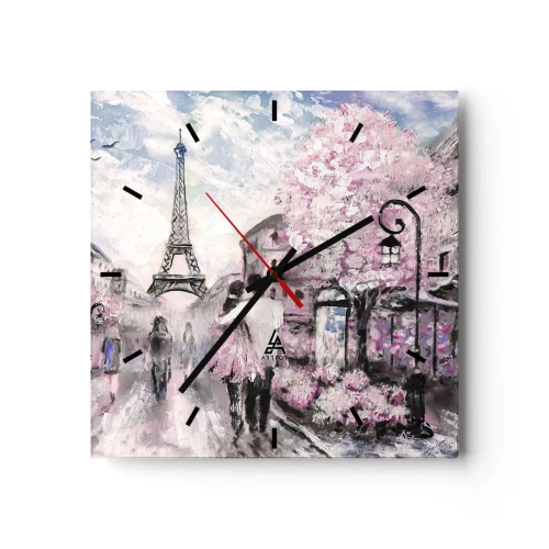 Orologio da parete - Orologio in Vetro - Una passeggiata romantica a Parigi vicino alla Torre Eiffel - 30x30cm - Se innamorarsi, allora solo a... - Decorazione murale moderna per soggiorno e camera da letto ARTTOR