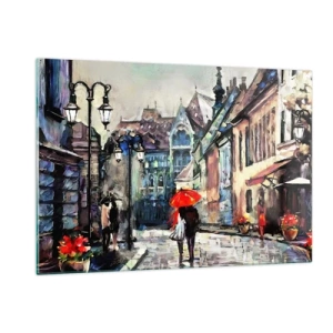 Quadro su vetro - Una coppia sotto un ombrello rosso passeggia lungo una strada pittoresca - 120x80cm - Pioggia per due - Decorazione murale moderna per soggiorno e camera da letto ARTTOR