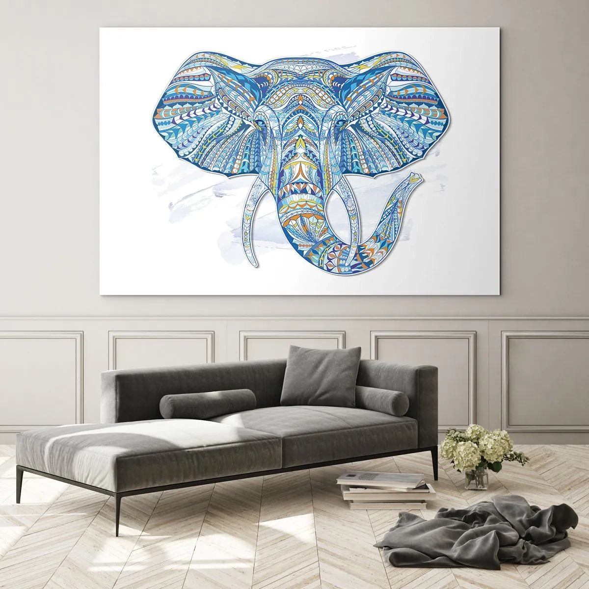 Quadro su vetro - Elefante blu in stile artistico con motivi geometrici - 100x70cm - Intarsiato con oro e blu - Decorazione murale moderna per soggiorno e camera da letto ARTTOR