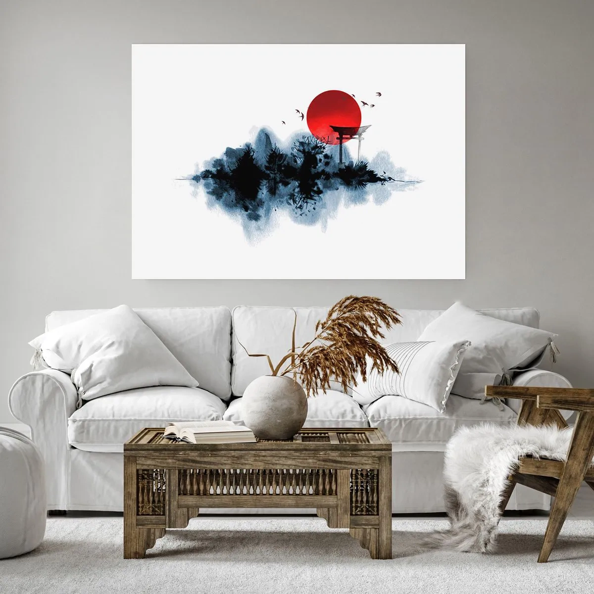 Poster - Sole rosso su un paesaggio pittoresco con torii - 100x70cm - Vista giapponese - Decorazione murale moderna per soggiorno e camera da letto ARTTOR