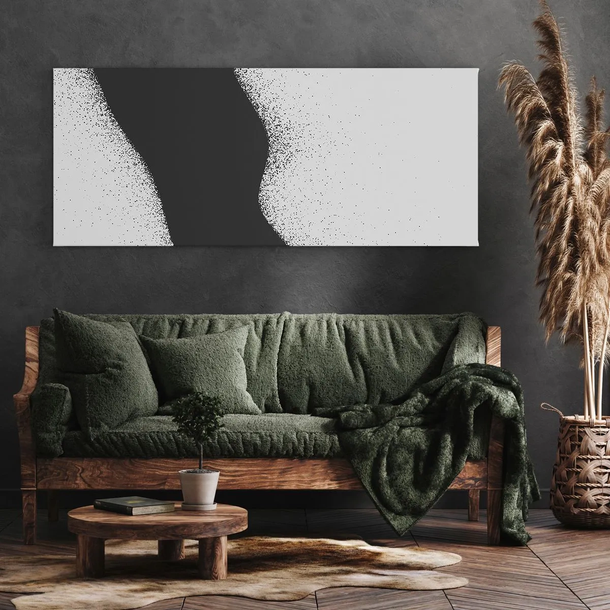 Quadro su tela - Stampe su Tela - Motivo astratto in bianco e nero con delicati punti su tela - 140x50cm - Equilibrio fluido - Decorazione murale moderna per soggiorno e camera da letto ARTTOR