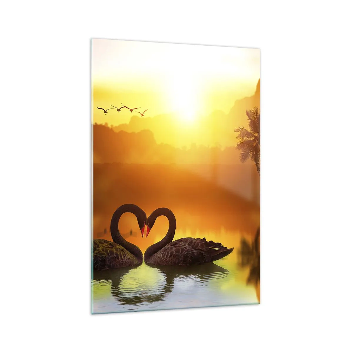 Quadro su vetro - Due cigni neri formano un cuore sullo sfondo di un tramonto sul lago - 70x100cm - Tutto in coppia - Decorazione murale moderna per soggiorno e camera da letto ARTTOR