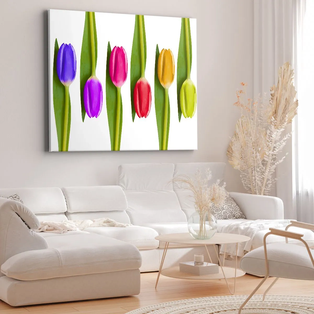Quadro su tela - Stampe su Tela - Tulipani multicolori disposti in fila su uno sfondo bianco - 100x70cm - Composizione arcobaleno - Decorazione murale moderna per soggiorno e camera da letto ARTTOR
