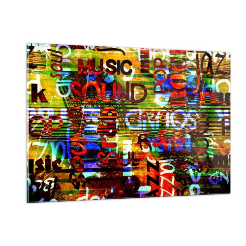 Quadro su vetro - Iscrizioni colorate su uno sfondo di mosaico artistico - 120x80cm - Tutti i colori del suono - Decorazione murale moderna per soggiorno e camera da letto ARTTOR
