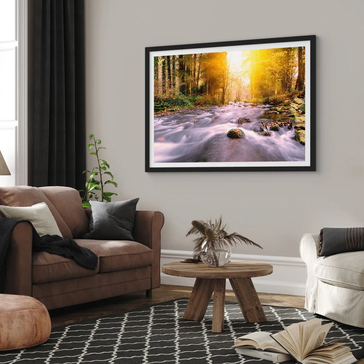 Poster in cornice nera - Un ruscello nella foresta illuminato dai raggi del sole - 100x70cm - Malachite in cornice oro-argento - Decorazione murale moderna per soggiorno e camera da letto ARTTOR