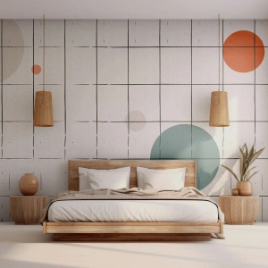 Fotomurali Premium Canvas - Cerchi colorati astratti su uno sfondo a griglia geometrica - 100x70cm - Prigionieri. Noi o loro? - Decorazione murale moderna per soggiorno e camera da letto ARTTOR