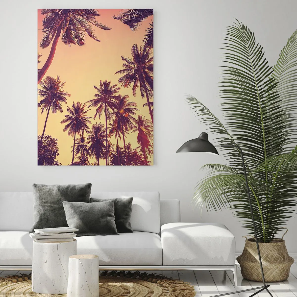 Quadro su vetro - Palme contro il cielo con i caldi colori del tramonto - 80x120cm - Composizione tropicale - Decorazione murale moderna per soggiorno e camera da letto ARTTOR