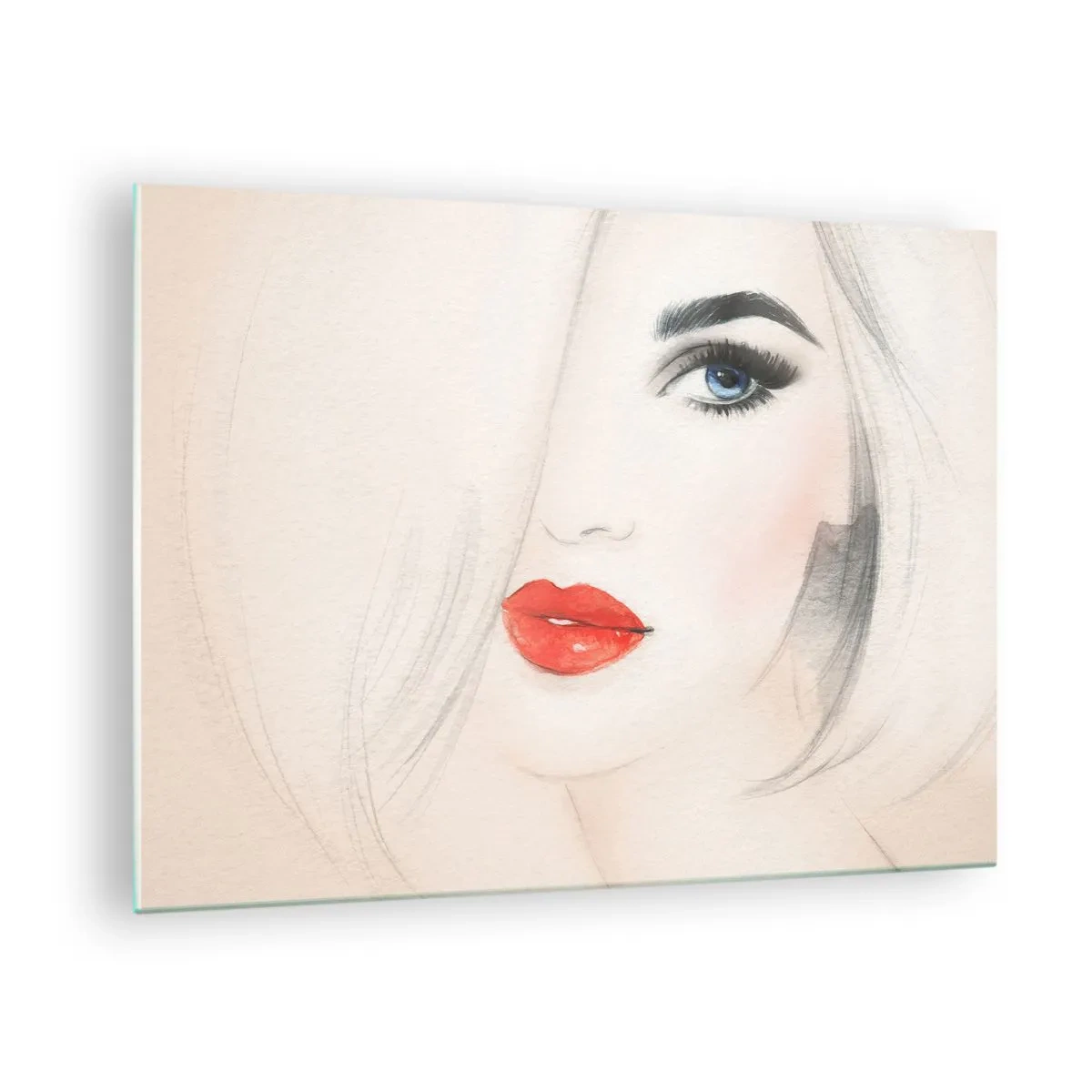 Quadro su vetro - Ritratto di una donna con capelli chiari, labbra rosse e occhi azzurri - 70x50cm - Ipnotizza e inebria - Decorazione murale moderna per soggiorno e camera da letto ARTTOR