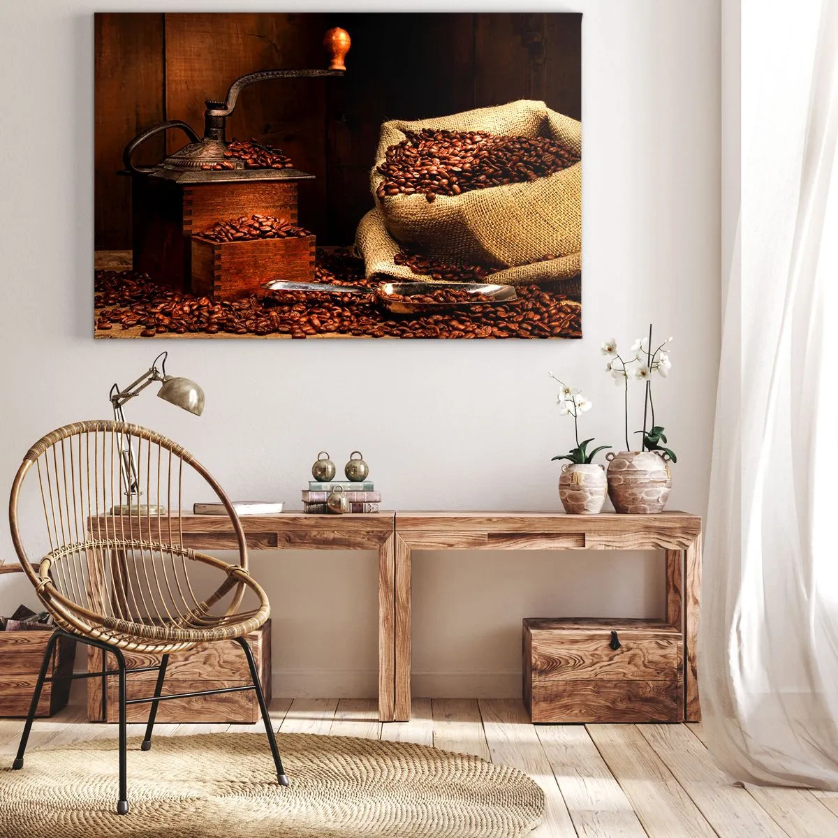 Quadro su tela - Stampe su Tela - Un vecchio macinacaffè con chicchi e un sacchetto in stile rustico. - 100x70cm - Natura morta con chicchi di caffè e macinino - Decorazione murale moderna per soggiorno e camera da letto ARTTOR