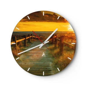 Orologio da parete - Orologio in Vetro - Tramonto sul sentiero in legno - 30x30cm - Immerse nell'oro vecchio - Decorazione murale moderna per soggiorno, cucina e camera da letto ARTTOR