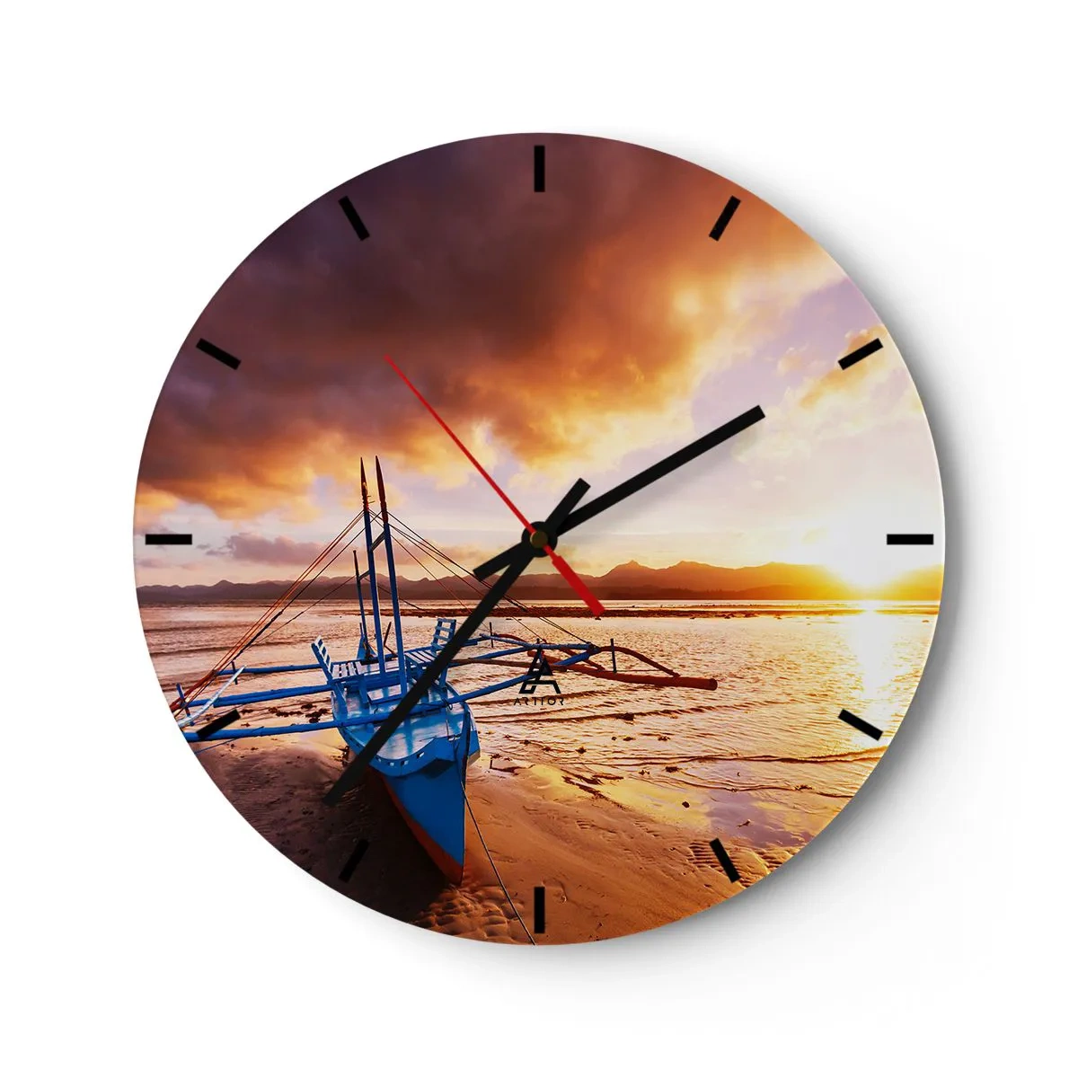 Orologio da parete - Orologio in Vetro - Una barca sulla spiaggia al tramonto - 30x30cm - Riposo sulla sabbia dopo l'intera giornata - Decorazione murale moderna per soggiorno, cucina e camera da letto ARTTOR