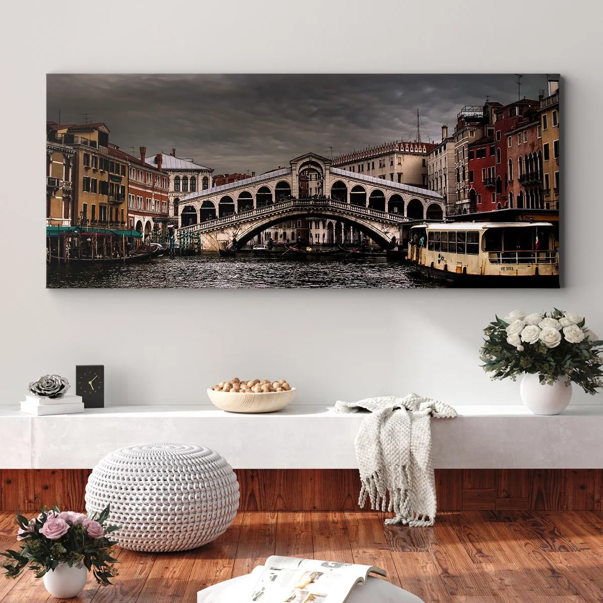 Quadro su tela - Stampe su Tela - Ponte di Rialto a Venezia sul Canal Grande, architettura classica. - 120x50cm - Promessa di una sera a Venezia - Decorazione murale moderna per soggiorno e camera da letto ARTTOR