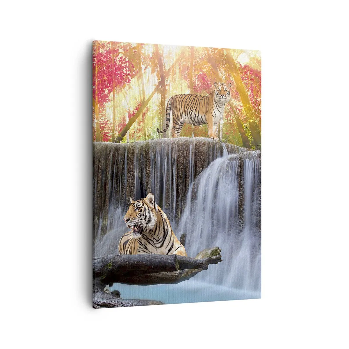 Quadro su tela - Stampe su Tela - Tigri presso una cascata nella foresta autunnale - 50x70cm - Paesaggio surreale - Decorazione murale moderna per soggiorno e camera da letto ARTTOR