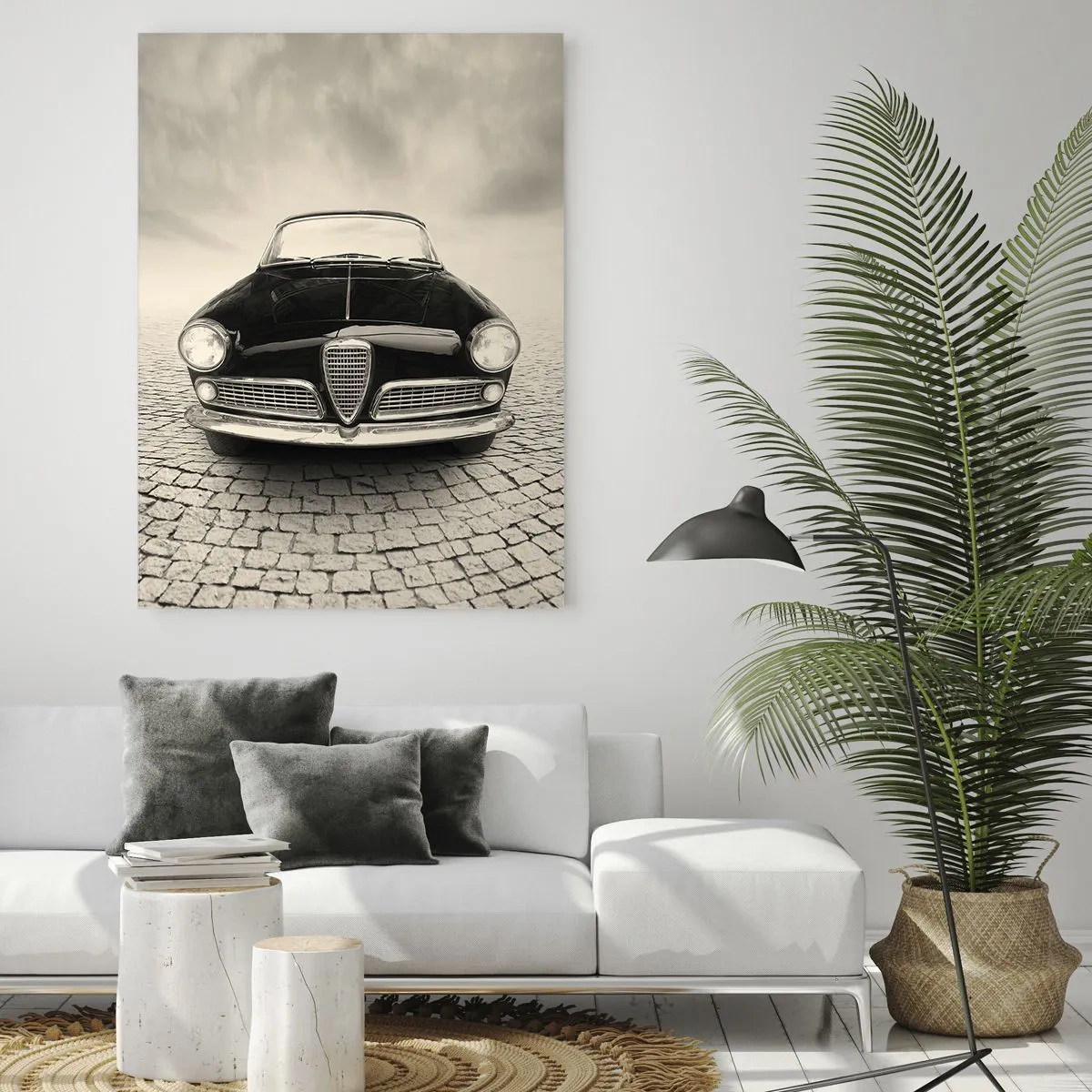 Quadro su vetro - Auto d'epoca su strada acciottolata in bianco e nero - 50x70cm - Come non amarmi? - Decorazione murale moderna per soggiorno e camera da letto ARTTOR