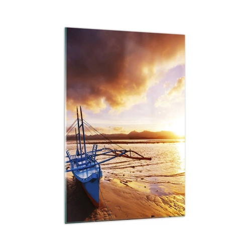 Quadro su vetro - Barca blu sulla spiaggia al tramonto - 70x100cm - Riposo sulla sabbia dopo l'intera giornata - Decorazione murale moderna per soggiorno e camera da letto ARTTOR