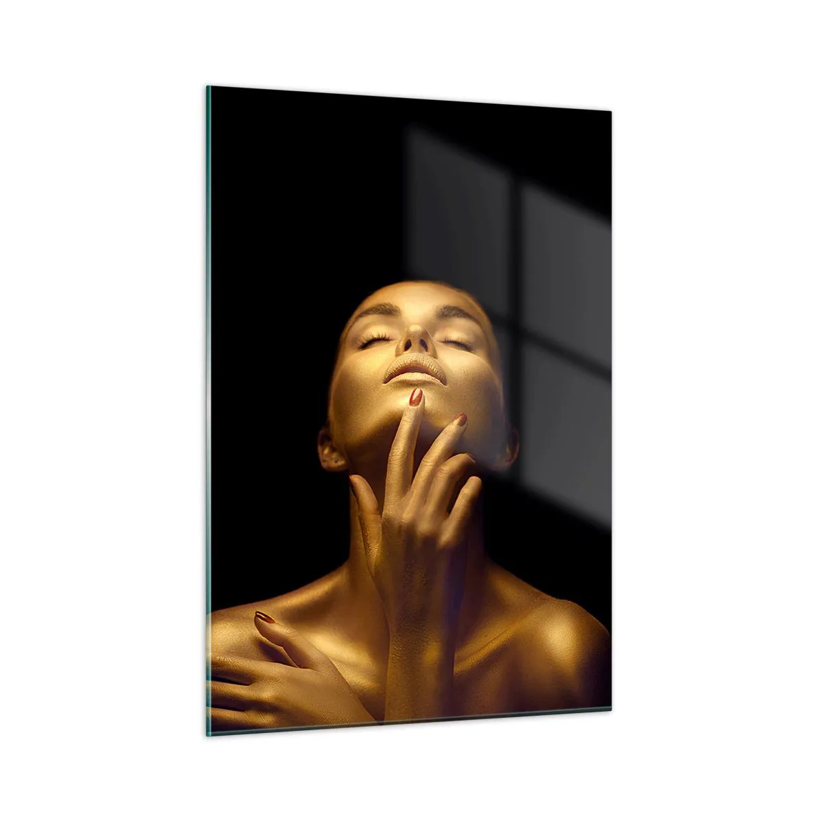 Quadro su vetro - Ritratto di una donna in tonalità dorate - 50x70cm - Come seta d'oro - Decorazione murale moderna per soggiorno e camera da letto ARTTOR