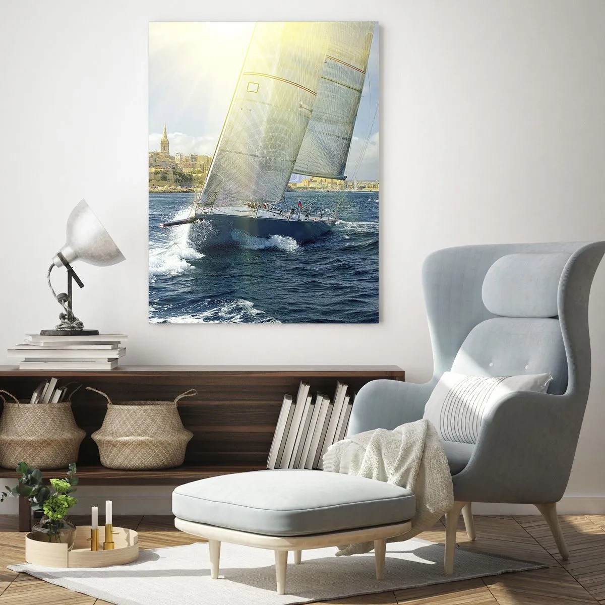 Quadro su vetro - Gara di yacht sullo sfondo di una costa soleggiata - 80x120cm - Tempo di lasciare la città - Decorazione murale moderna per soggiorno e camera da letto ARTTOR