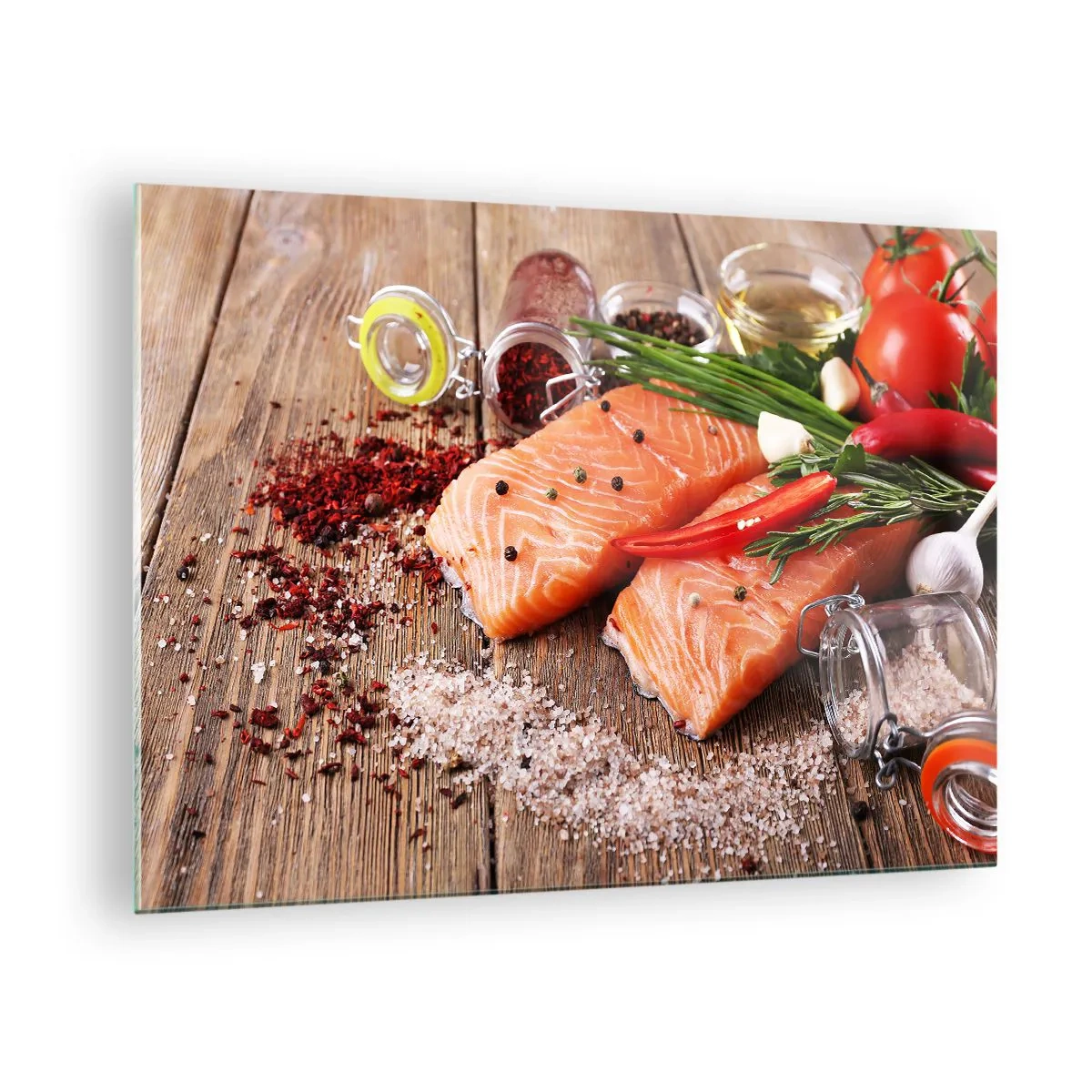 Quadro su vetro - Filetti di salmone con spezie su un piano di lavoro in legno - 70x50cm - Avventura norvegese in cucina - Decorazione murale moderna per soggiorno e camera da letto ARTTOR