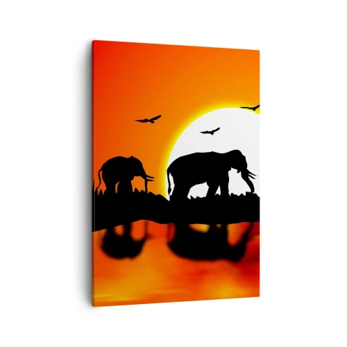 Quadro su tela - Stampe su Tela - Sagome di elefanti al tramonto sull'acqua con riflesso - 50x70cm - Un piccolo drink la sera - Decorazione murale moderna per soggiorno e camera da letto ARTTOR