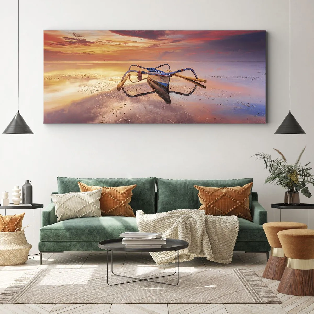 Quadro su tela - Stampe su Tela - Una barca in acque calme al tramonto - 140x50cm - La pace della sera tropicale - Decorazione murale moderna per soggiorno e camera da letto ARTTOR