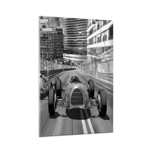Quadro su vetro - Scena di gara automobilistica retrò monocromatica - 80x120cm - Tanto tempo fa a Montecarlo - Decorazione murale moderna per soggiorno e camera da letto ARTTOR