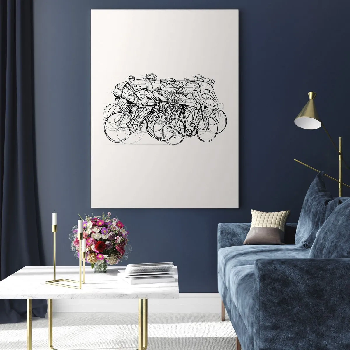 Quadro su vetro - Schizzo di un gruppo di ciclisti durante una gara su sfondo bianco - 50x70cm - Insieme - Decorazione murale moderna per soggiorno e camera da letto ARTTOR