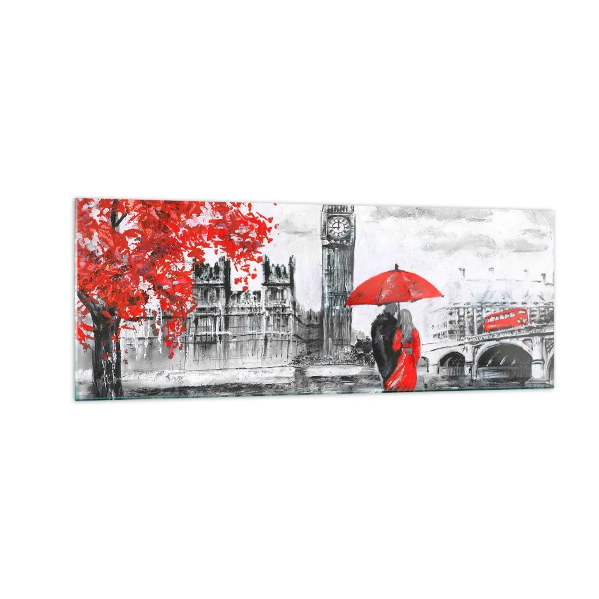 Quadro su vetro - Scena romantica con il Big Ben e un ombrello rosso - 140x50cm - Innamorati a Londra - Decorazione murale moderna per soggiorno e camera da letto ARTTOR
