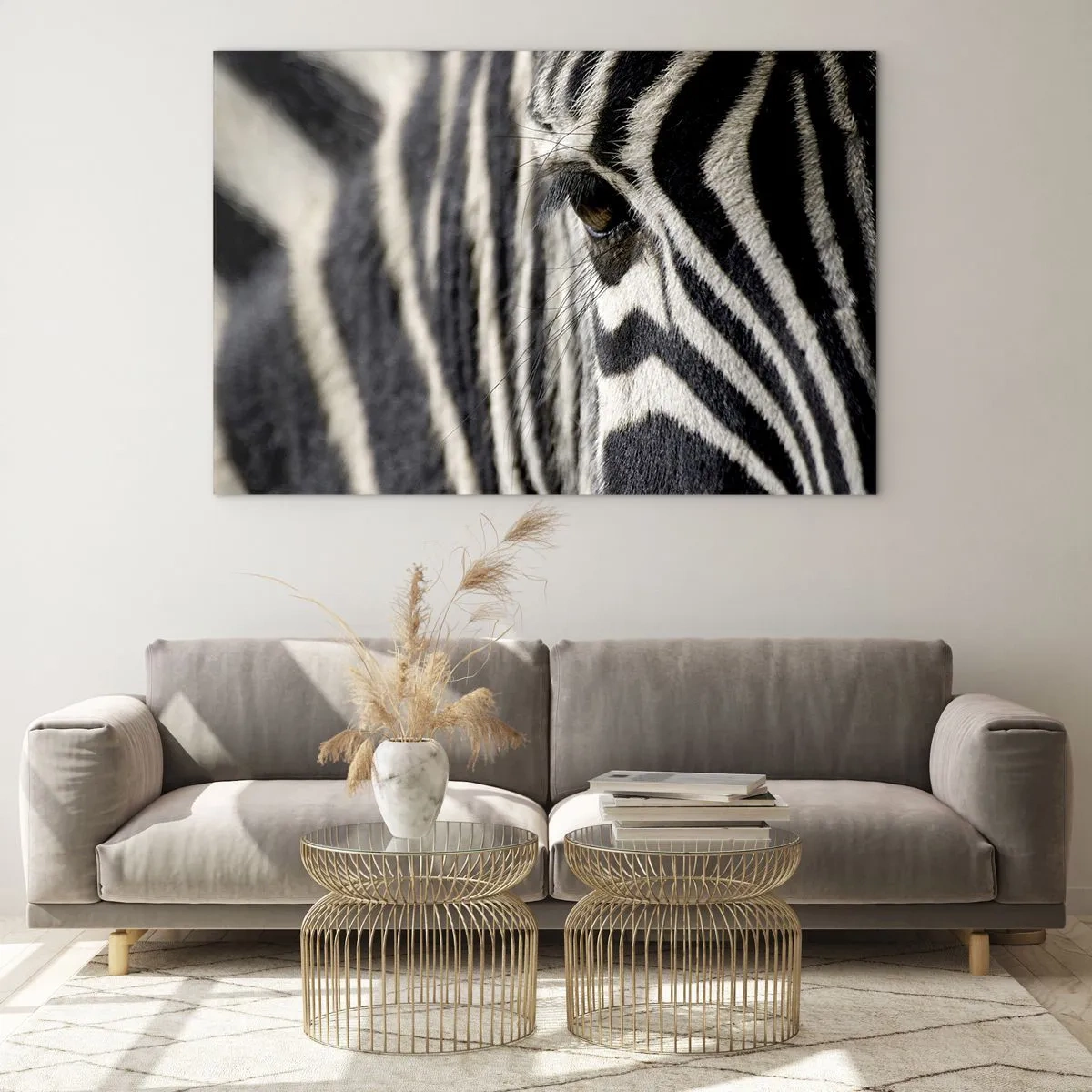 Quadro su vetro - Primo piano dell'occhio di una zebra e delle sue strisce bianche e nere - 100x70cm - Ritratto a strisce - Decorazione murale moderna per soggiorno e camera da letto ARTTOR