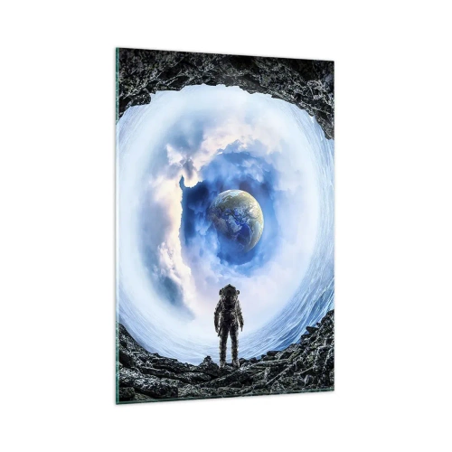 Quadro su vetro - Astronauta contro un paesaggio spaziale con la Terra sullo sfondo - 80x120cm - Già vicino a casa - Decorazione murale moderna per soggiorno e camera da letto ARTTOR